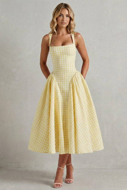 Rosalind | Midi Dress Pink Gingham Cotton Square Neck Flared for Women