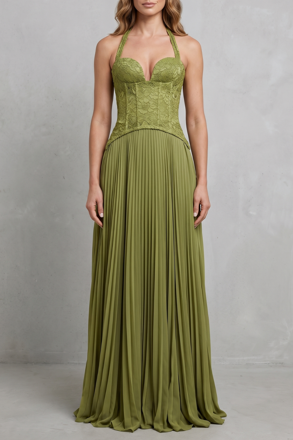 Phoebe | Maxi Dress Olive Green Lace Pleated Halter Corset for Women
