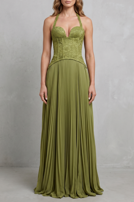 Phoebe | Maxi Dress Olive Green Lace Pleated Halter Corset for Women