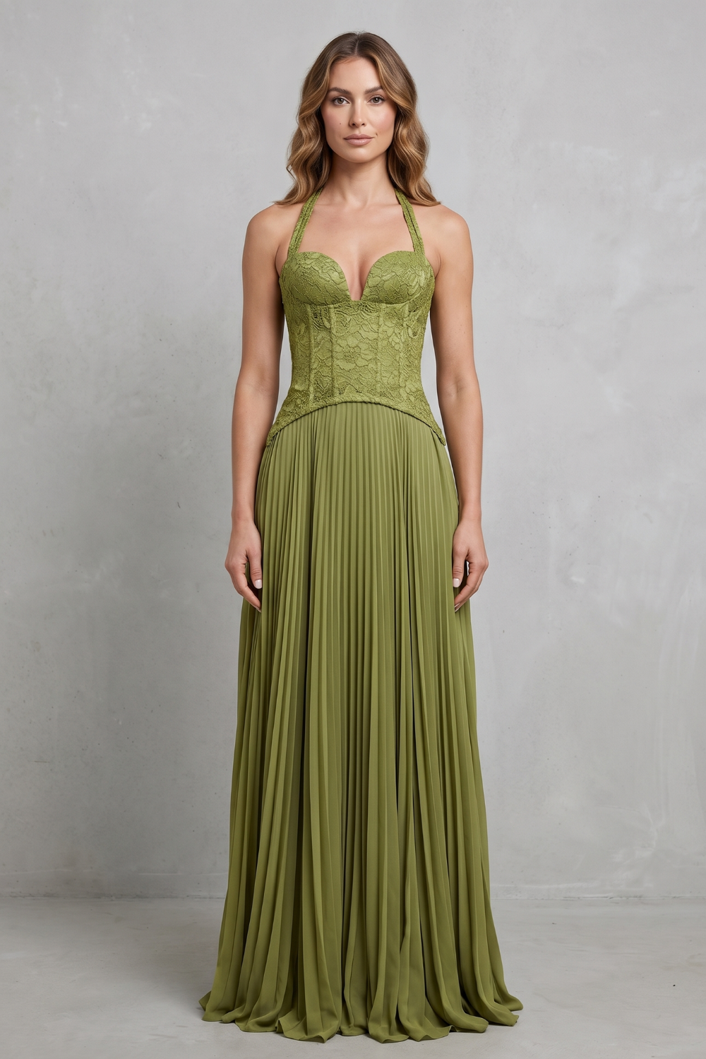 Phoebe | Maxi Dress Olive Green Lace Pleated Halter Corset for Women