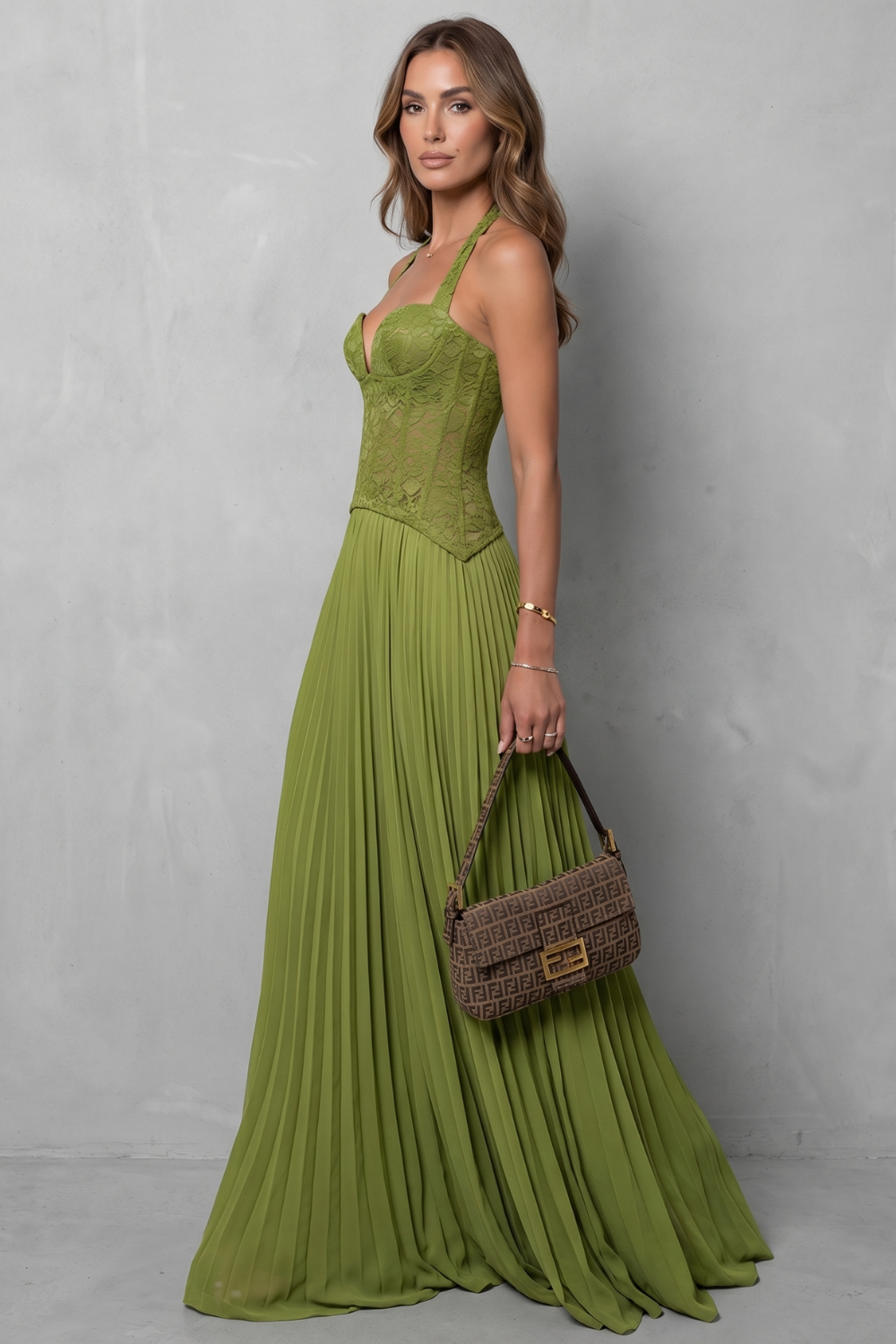 Phoebe | Maxi Dress Olive Green Lace Pleated Halter Corset for Women