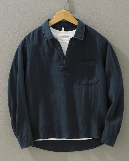 Alastair | Popover Shirt Navy Cotton-Linen Relaxed Fit for Men