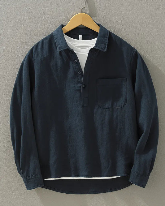 Alastair | Popover Shirt Navy Cotton-Linen Relaxed Fit for Men