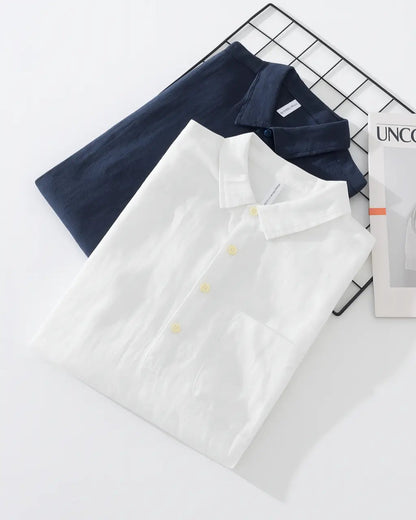 Alastair | Popover Shirt Navy Cotton-Linen Relaxed Fit for Men