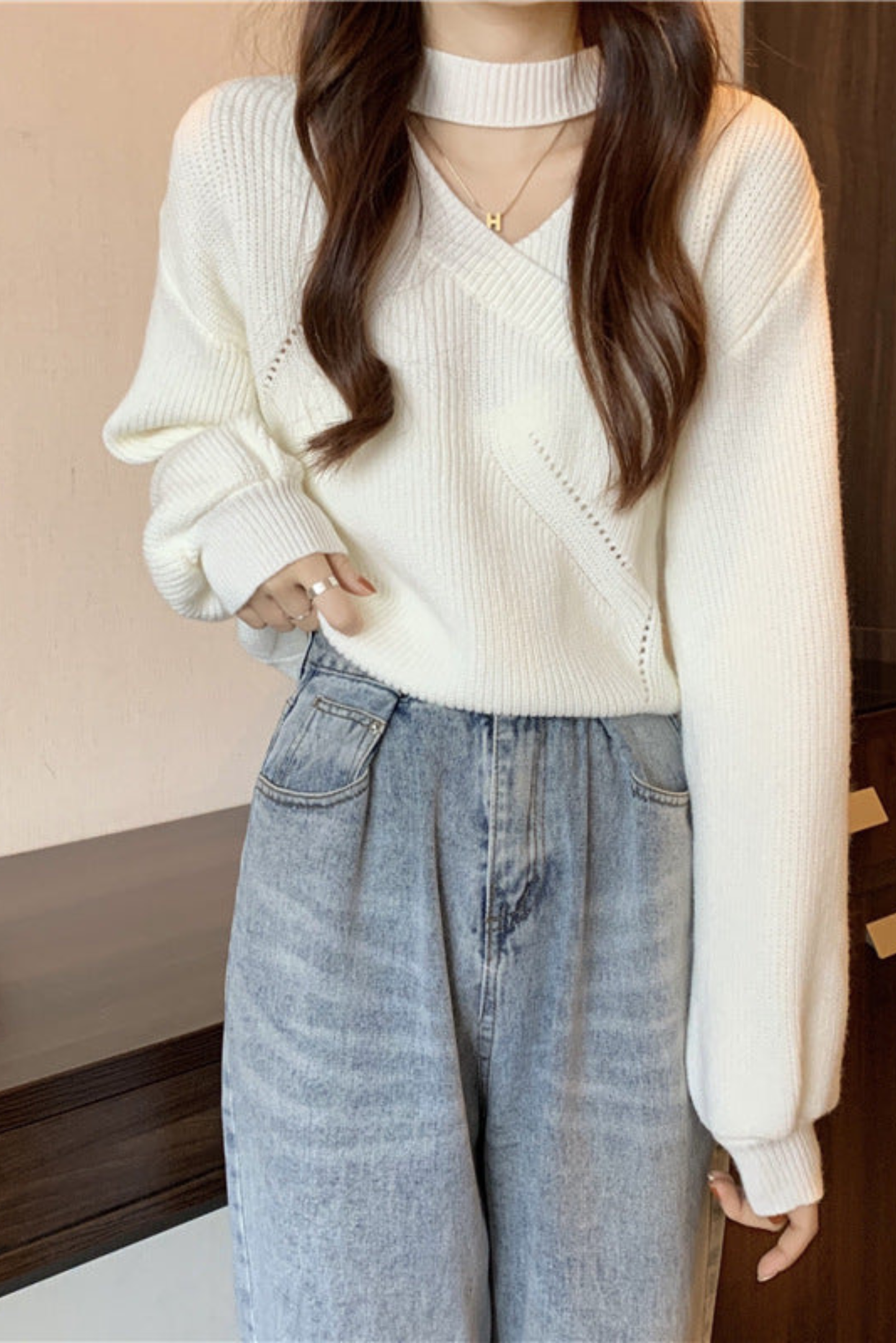 Amabel | Sweater Rust Ribbed Knit Choker Wrap V-Neckline for Women