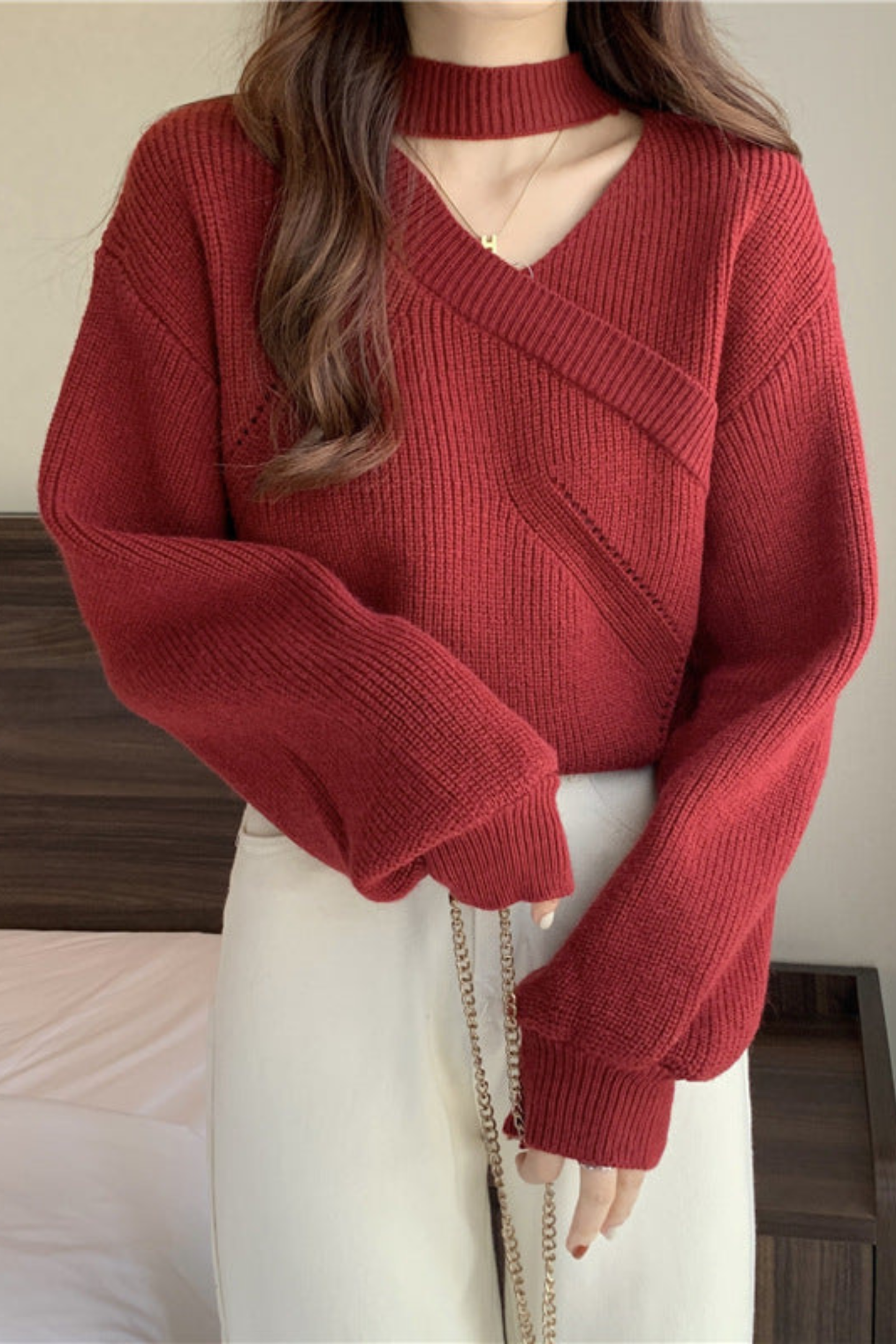 Amabel | Sweater Rust Ribbed Knit Choker Wrap V-Neckline for Women