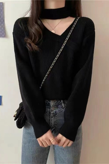Amabel | Sweater Rust Ribbed Knit Choker Wrap V-Neckline for Women