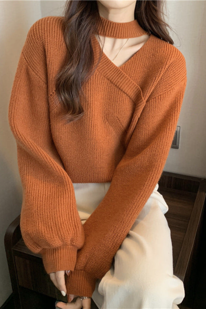 Amabel | Sweater Rust Ribbed Knit Choker Wrap V-Neckline for Women