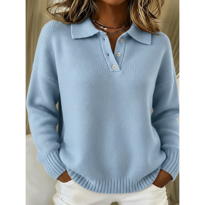 Bridget | Polo Neck Knit Sweater Sky Blue Wool-Blend Button for Women
