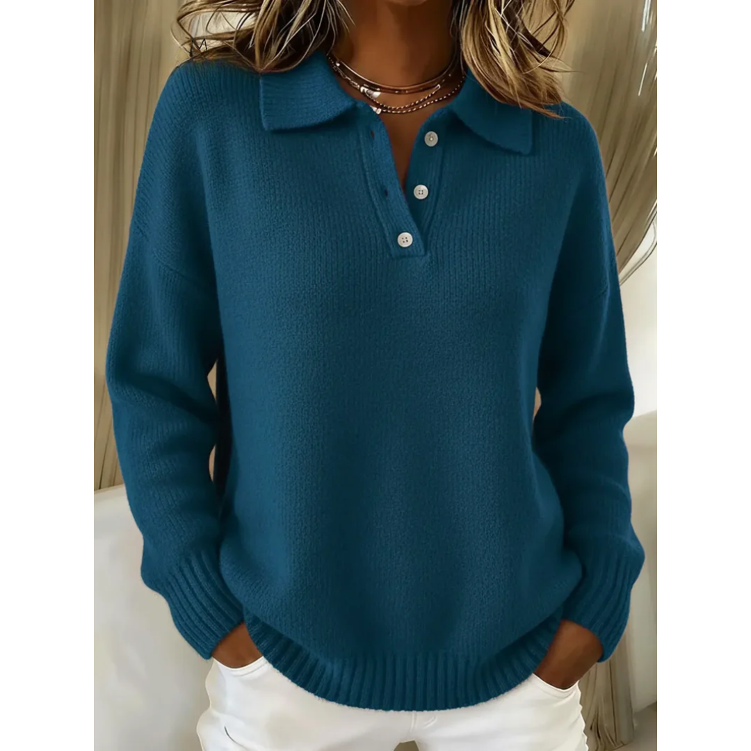 Bridget | Polo Neck Knit Sweater Sky Blue Wool-Blend Button for Women