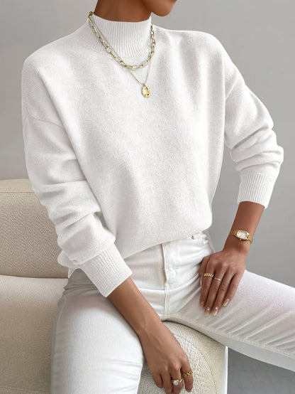Phoebe | Knitted Sweater White Mock Neck Long Sleeve Regular Fit for Women