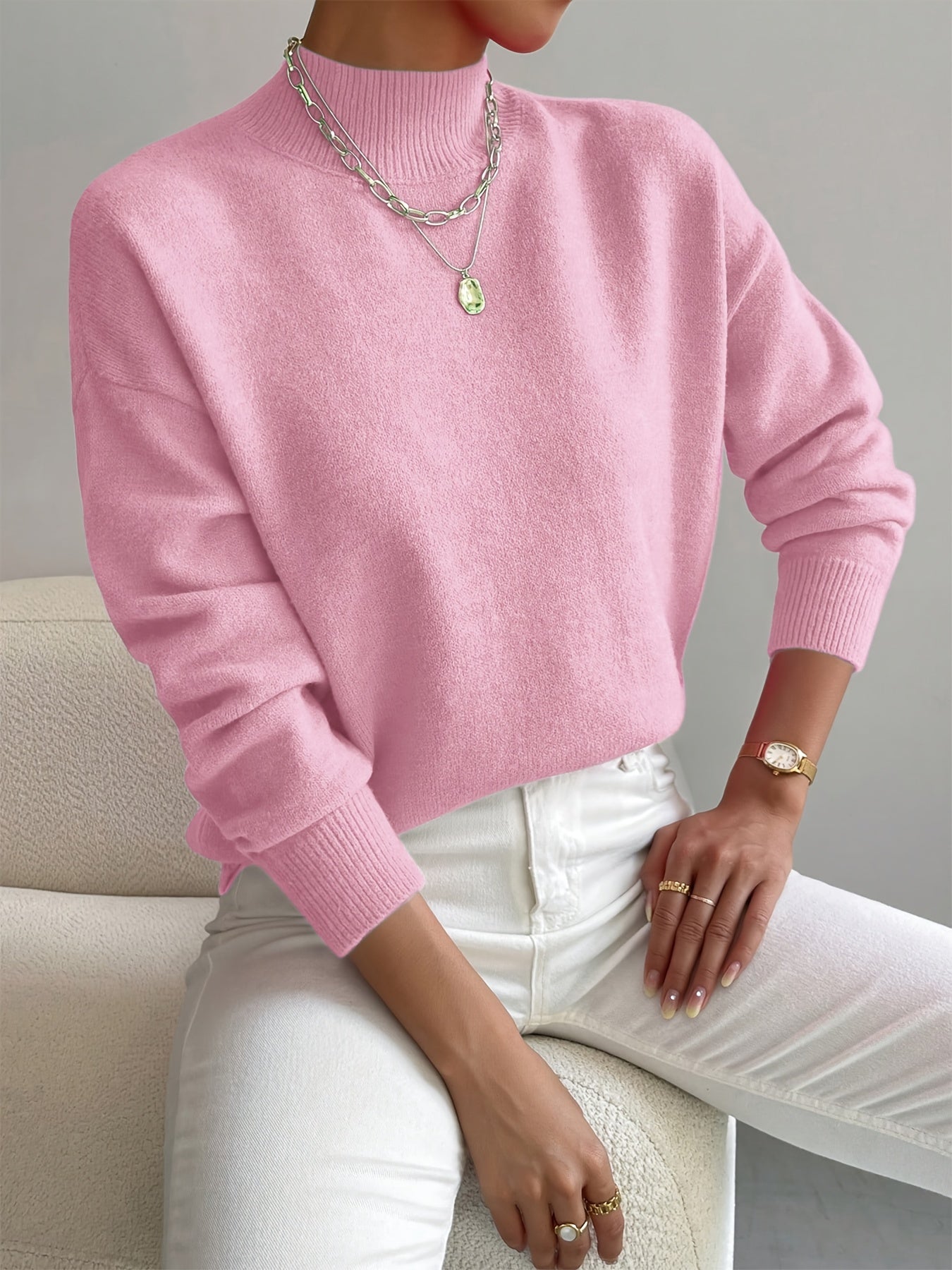 Phoebe | Knitted Sweater White Mock Neck Long Sleeve Regular Fit for Women