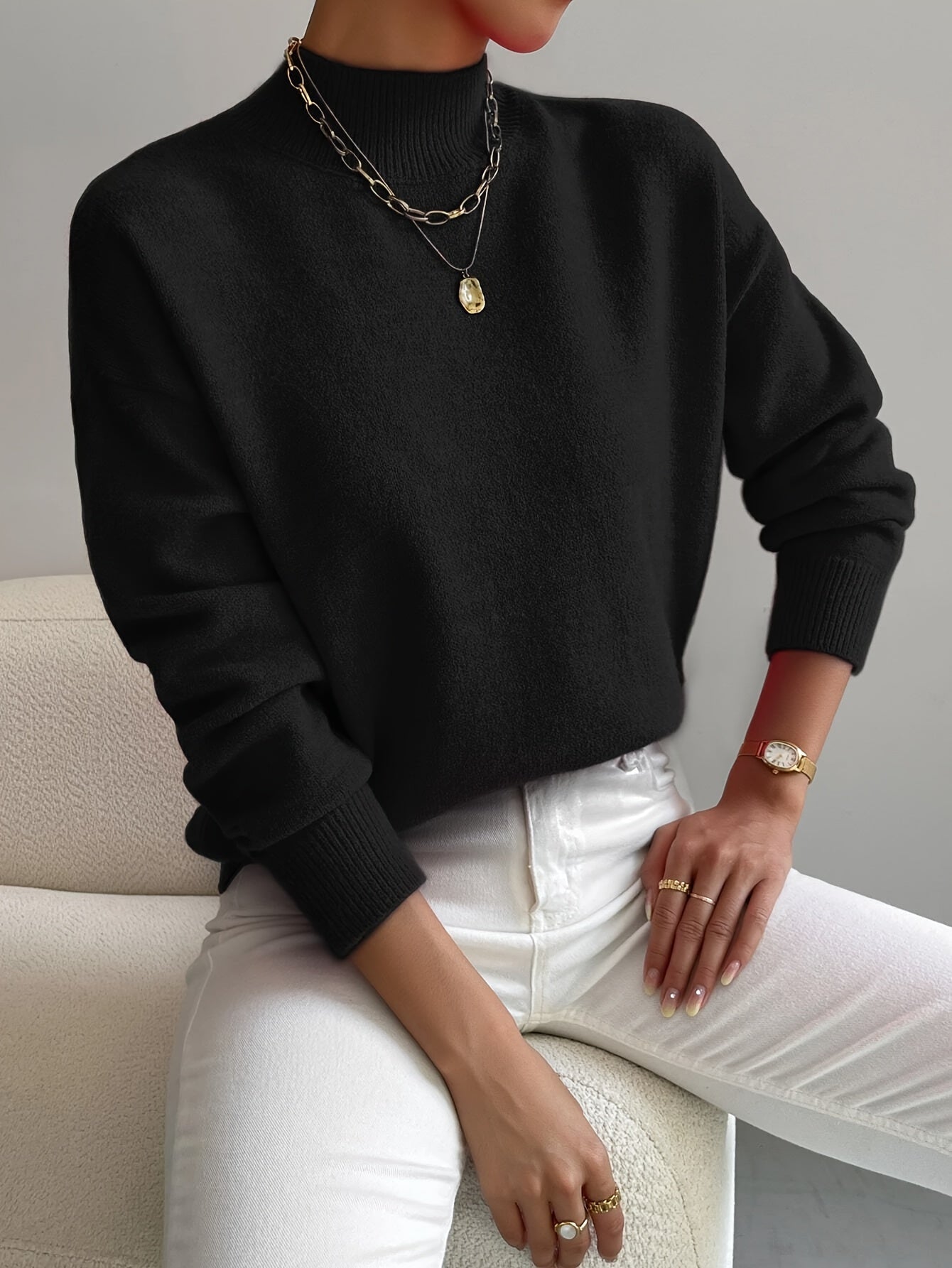 Phoebe | Knitted Sweater White Mock Neck Long Sleeve Regular Fit for Women