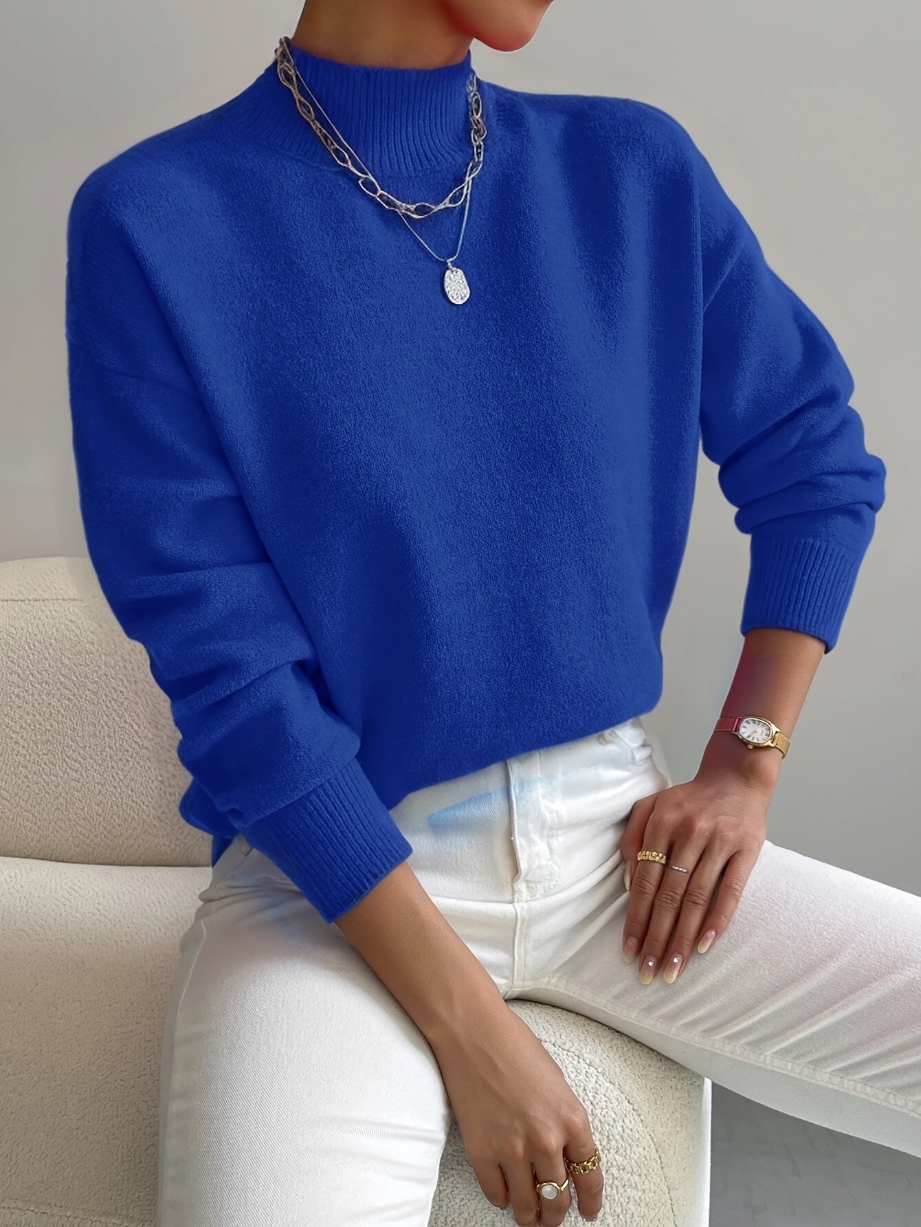 Phoebe | Knitted Sweater White Mock Neck Long Sleeve Regular Fit for Women