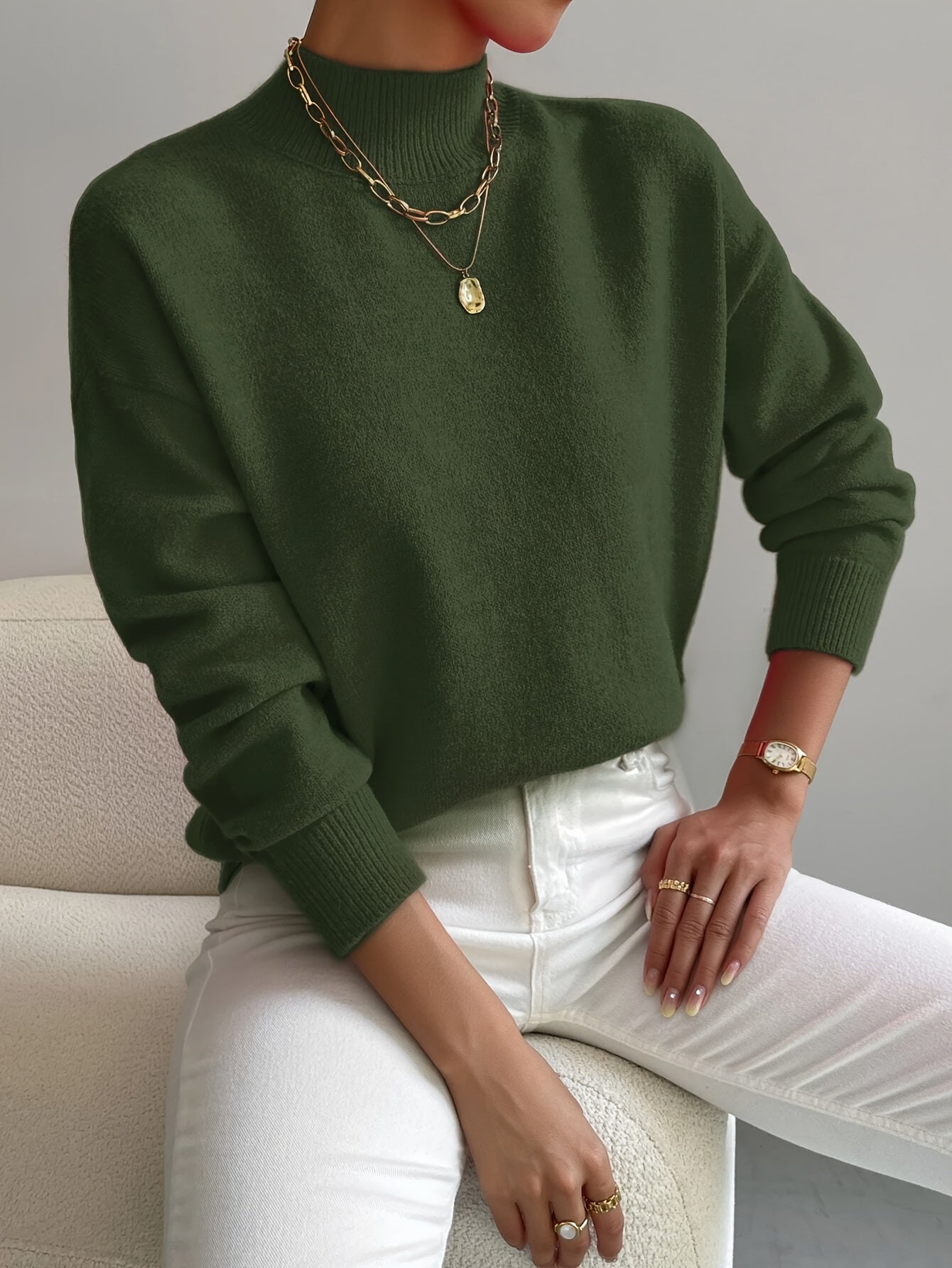 Phoebe | Knitted Sweater White Mock Neck Long Sleeve Regular Fit for Women