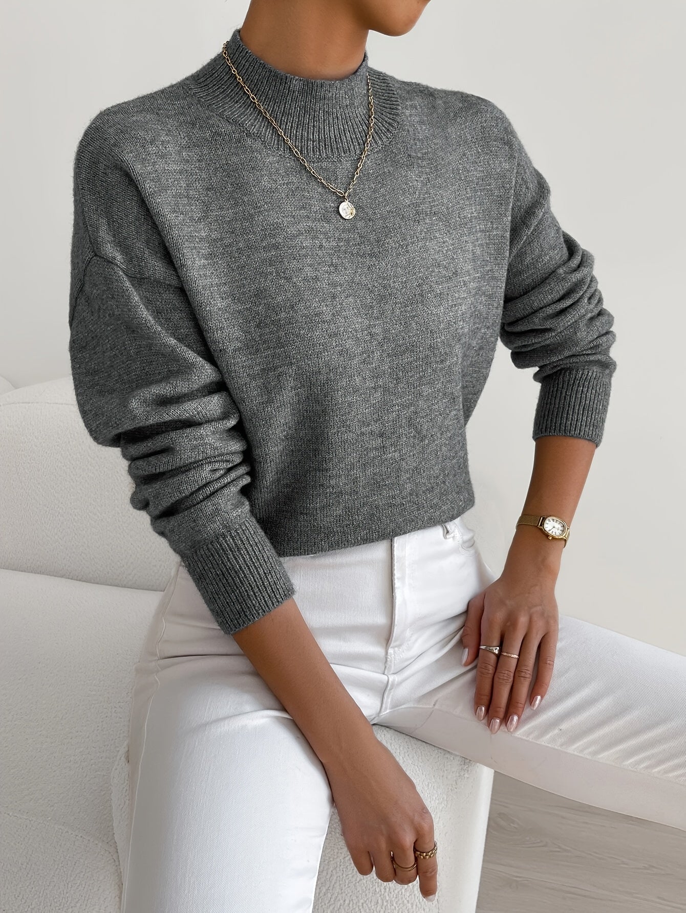 Phoebe | Knitted Sweater White Mock Neck Long Sleeve Regular Fit for Women