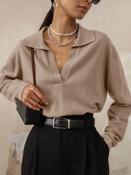 Elmira | Long Sleeve Sweater Mocha Knit Polo Collar for Women