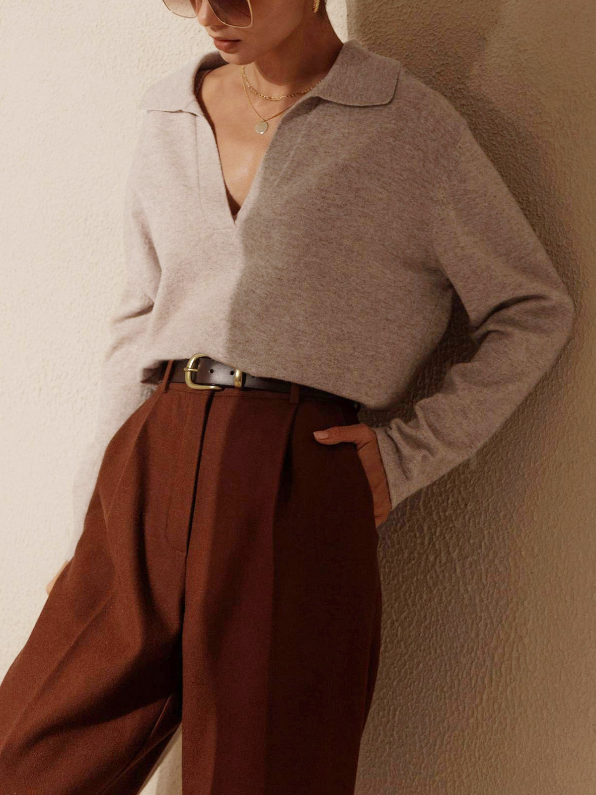 Elmira | Long Sleeve Sweater Mocha Knit Polo Collar for Women