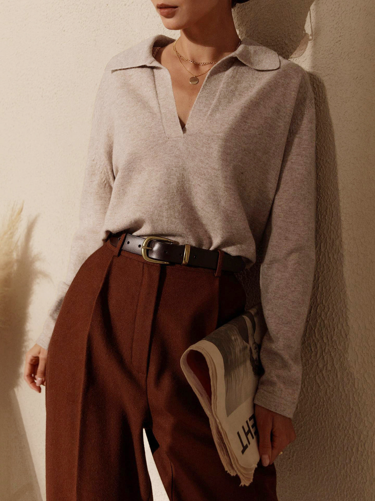 Elmira | Long Sleeve Sweater Mocha Knit Polo Collar for Women