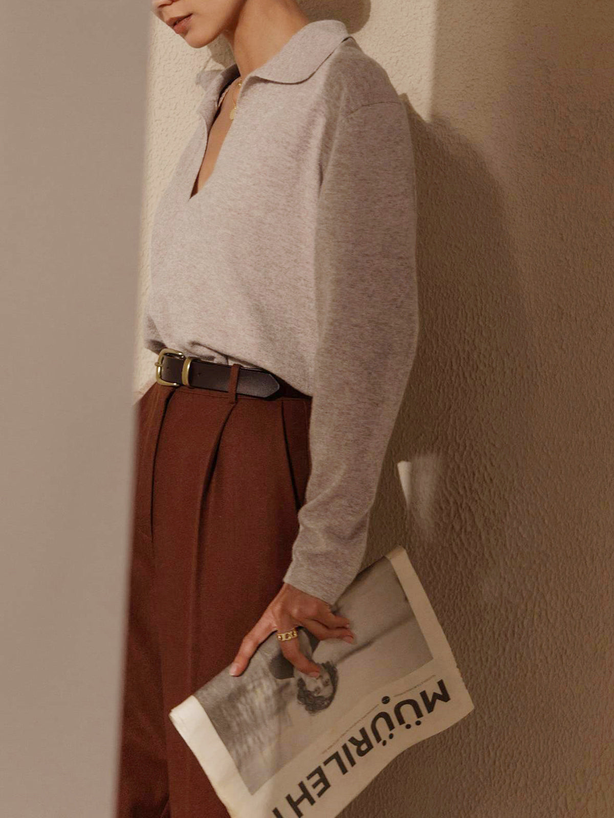 Elmira | Long Sleeve Sweater Mocha Knit Polo Collar for Women