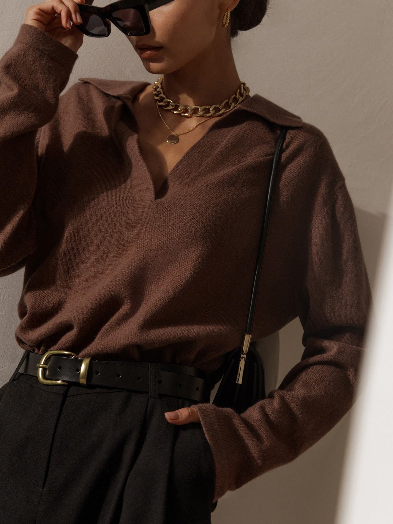 Elmira | Long Sleeve Sweater Mocha Knit Polo Collar for Women
