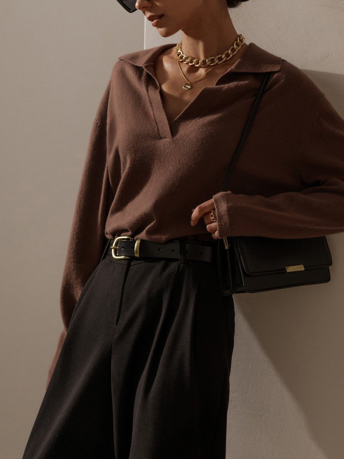 Elmira | Long Sleeve Sweater Mocha Knit Polo Collar for Women
