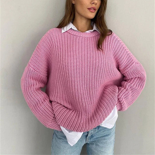 Clementine | Chunky Knit Sweater Pink Round Neck Oversized for Women