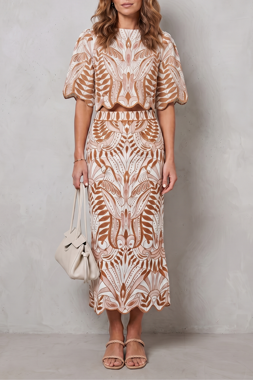 Phoebe | Midi Co-Ord Set Cream Tan Printed Linen Puff Sleeve for Women