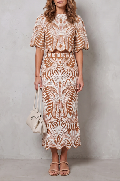 Phoebe | Midi Co-Ord Set Cream Tan Printed Linen Puff Sleeve for Women