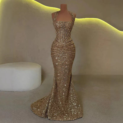 Minerva | Maxi Mermaid Gown Gold Sequin Halter Neck for Women
