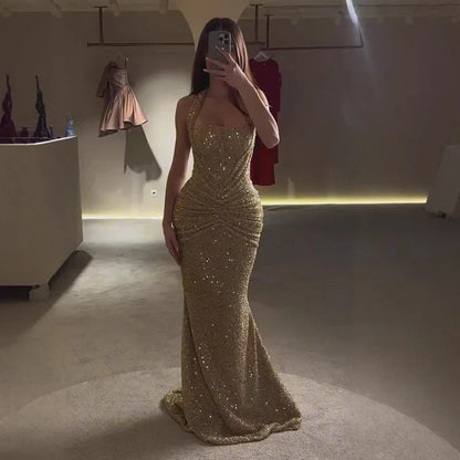 Minerva | Maxi Mermaid Gown Gold Sequin Halter Neck for Women