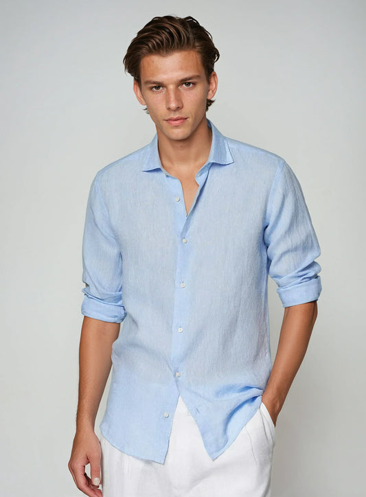 George | Linen Shirt Sky Blue Long Sleeve Slim Fit for Men