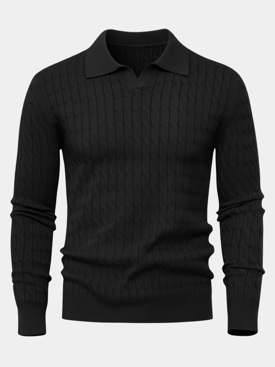 Nigel | Polo Sweater Black Cable Knit Loose Fit for Men