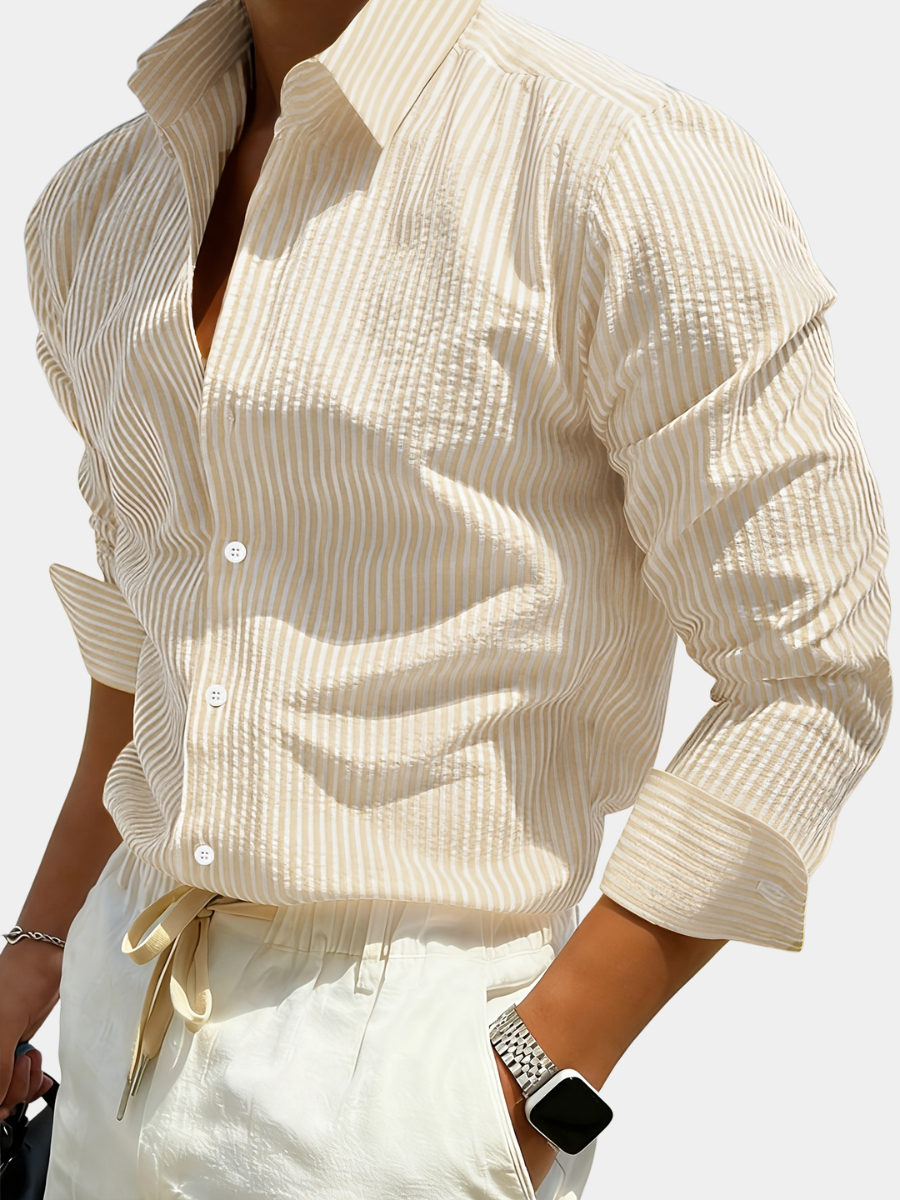 Hugh | Striped Shirt Cream Textured Woven Long Sleeve for Men