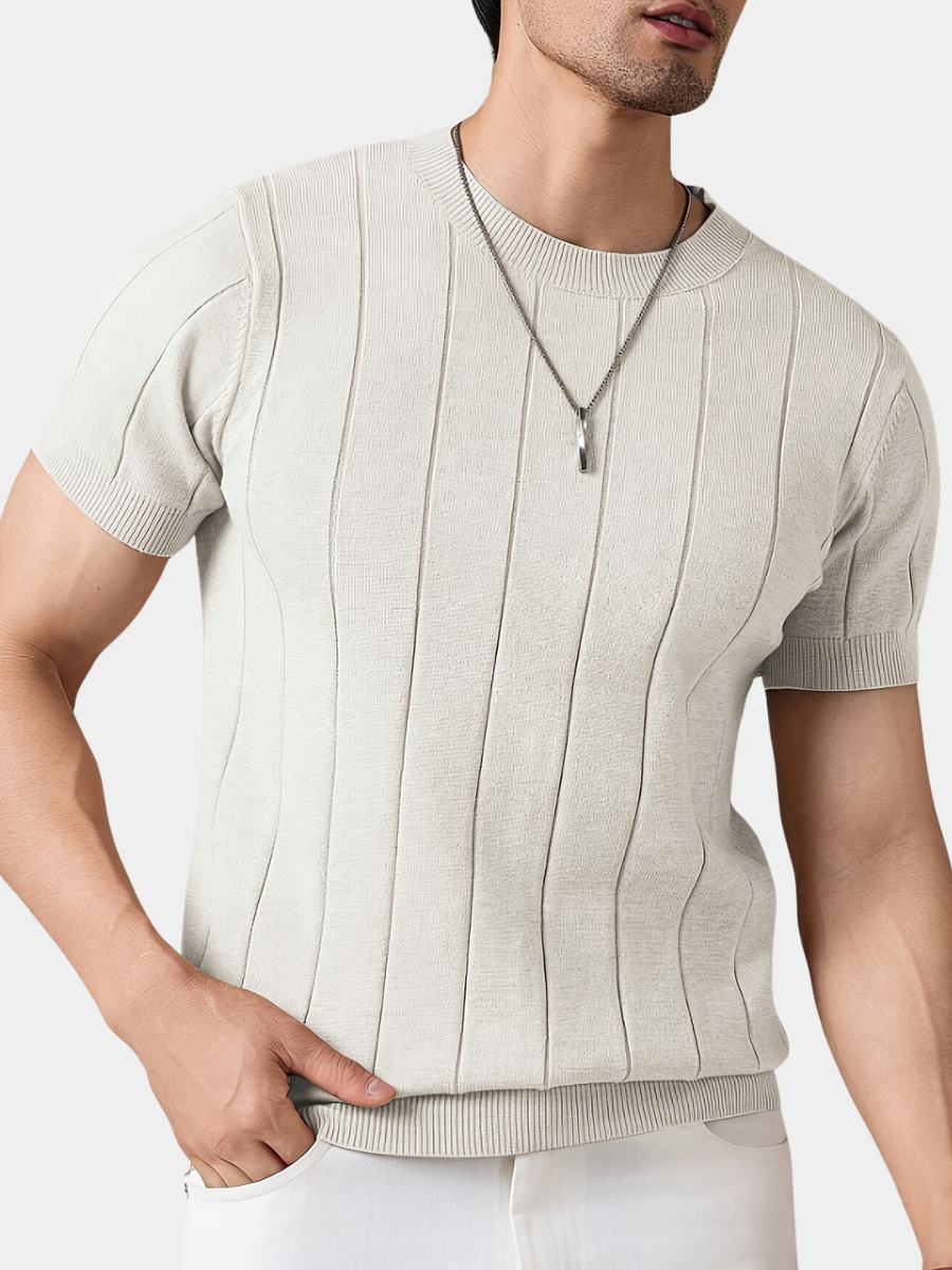 Wilfred | Striped Knit T-Shirt Oatmeal Viscose Ribbed Crew Neck for Men