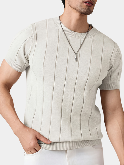 Wilfred | Striped Knit T-Shirt Oatmeal Viscose Ribbed Crew Neck for Men