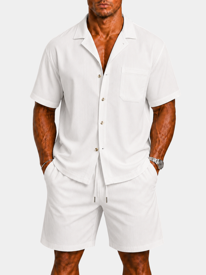 Oswald | Two-Piece Set White Textured Shirt and Shorts for Men