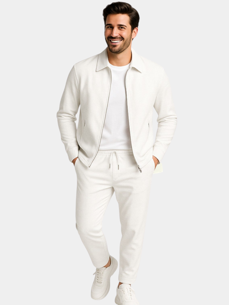Percy | Suit Set Off-White Cotton Blend Slim Fit Zip Jacket and Trousers for Men