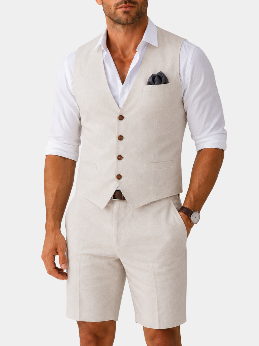 Quentin | Two-Piece Set Beige Linen Vest and Shorts for Men