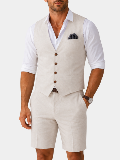 Quentin | Two-Piece Set Beige Linen Vest and Shorts for Men