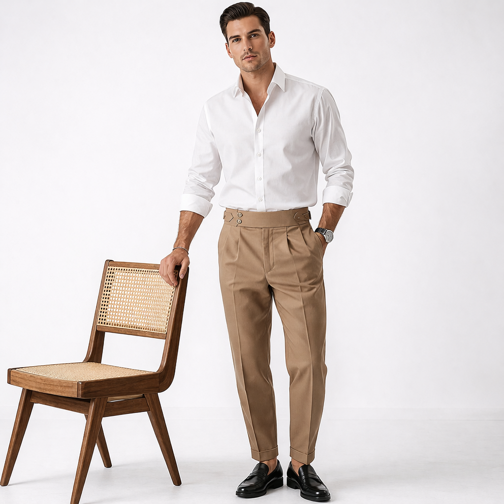 Humphrey | High-Waisted Trousers Cream Cotton Pleated for Men