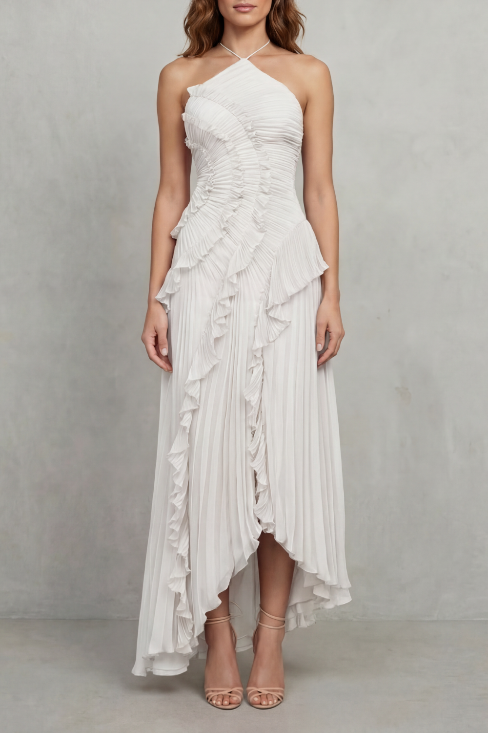 Cecile | Maxi Halter Dress Dusty Pink Chiffon Pleated Ruffle for Women