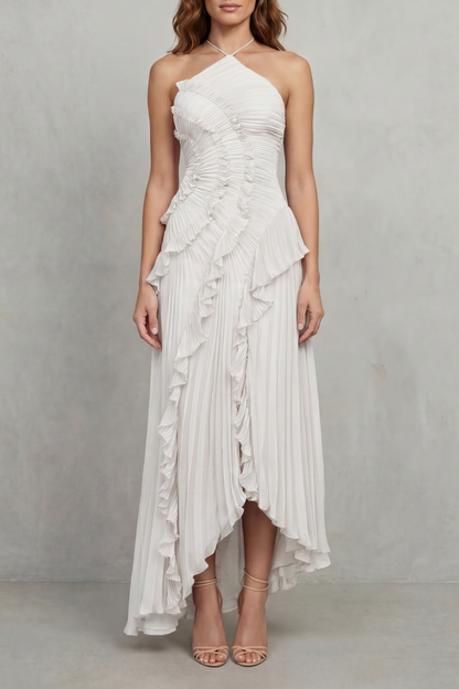 Cecile | Maxi Halter Dress Dusty Pink Chiffon Pleated Ruffle for Women