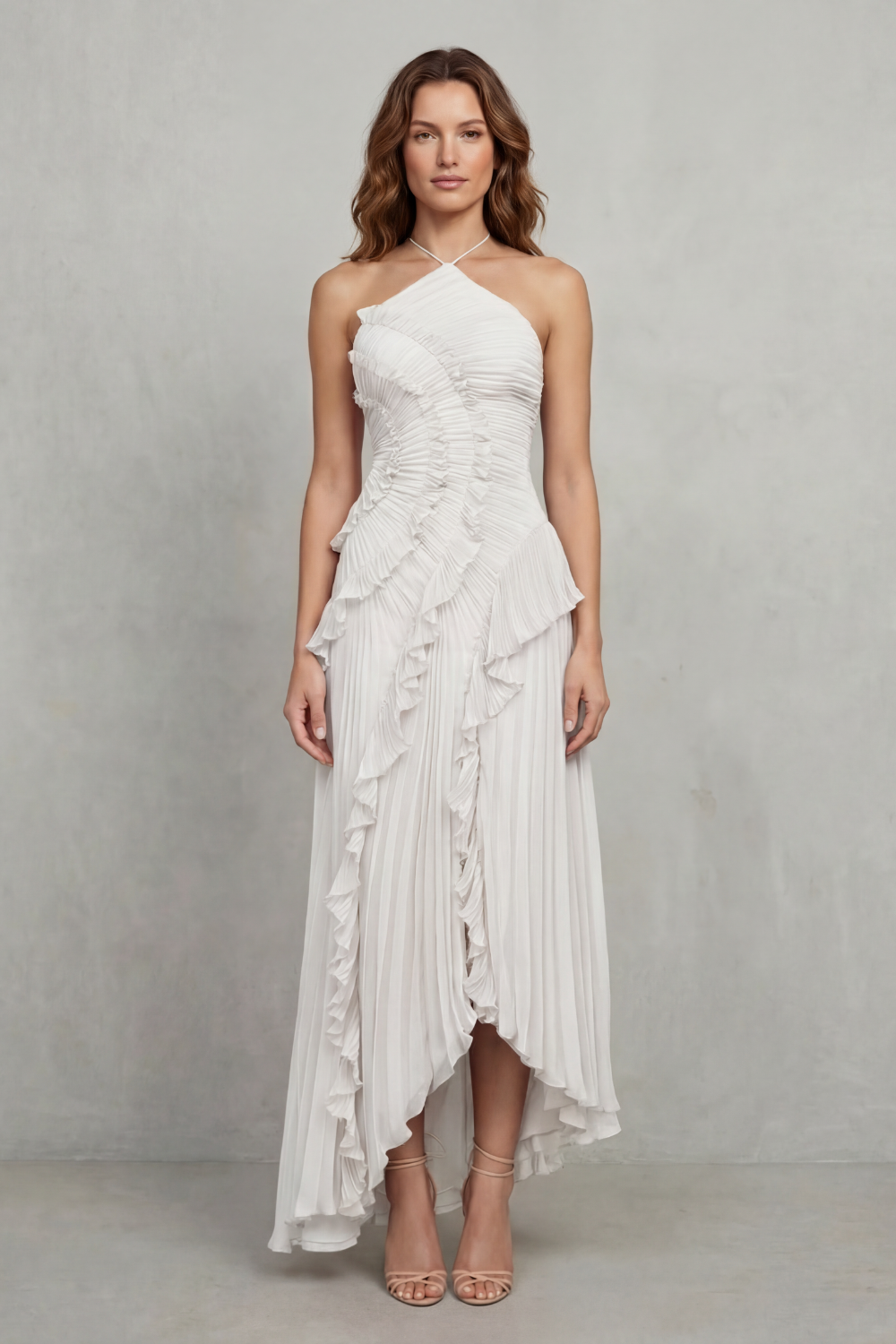Cecile | Maxi Halter Dress Dusty Pink Chiffon Pleated Ruffle for Women