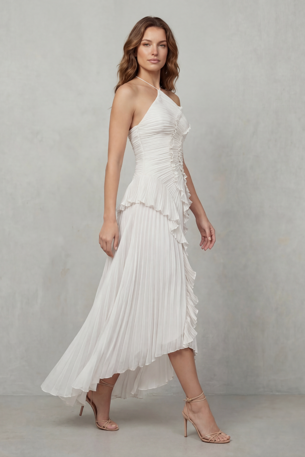 Cecile | Maxi Halter Dress Dusty Pink Chiffon Pleated Ruffle for Women