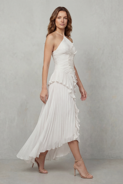 Cecile | Maxi Halter Dress Dusty Pink Chiffon Pleated Ruffle for Women