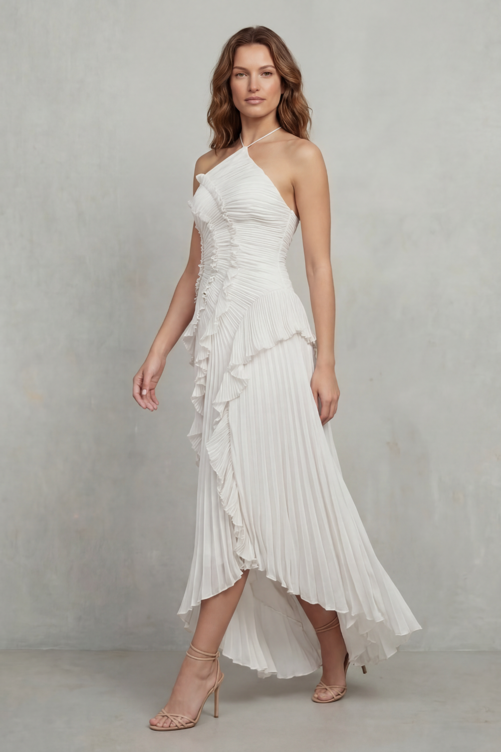 Cecile | Maxi Halter Dress Dusty Pink Chiffon Pleated Ruffle for Women