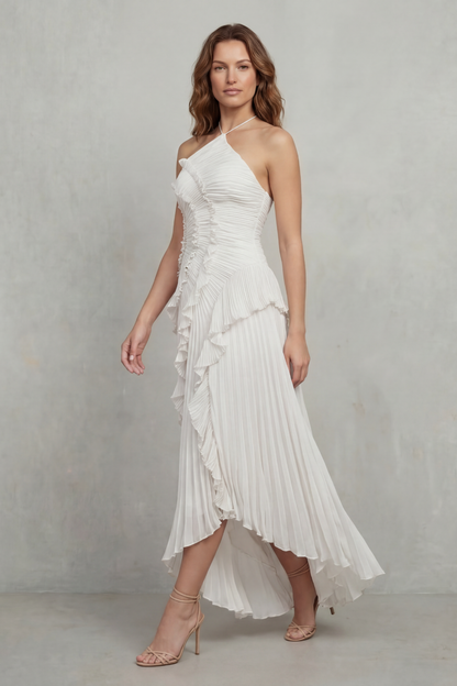 Cecile | Maxi Halter Dress Dusty Pink Chiffon Pleated Ruffle for Women