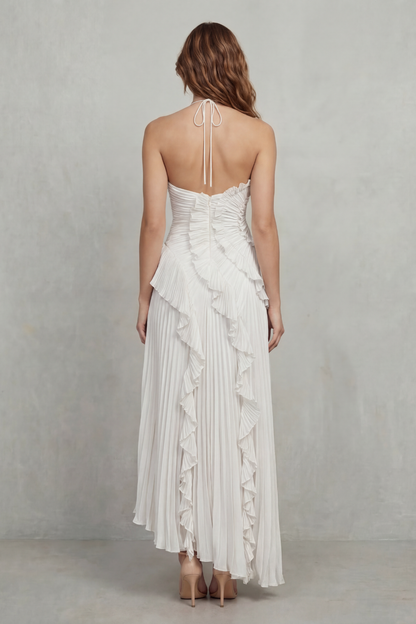 Cecile | Maxi Halter Dress Dusty Pink Chiffon Pleated Ruffle for Women