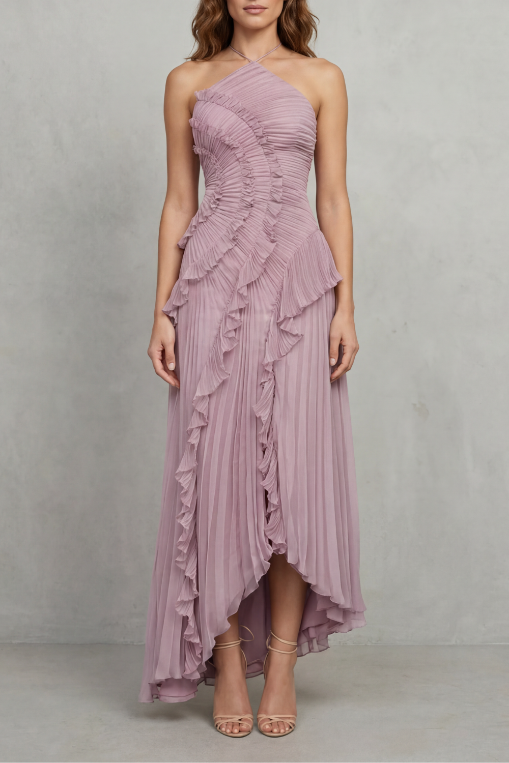 Cecile | Maxi Halter Dress Dusty Pink Chiffon Pleated Ruffle for Women